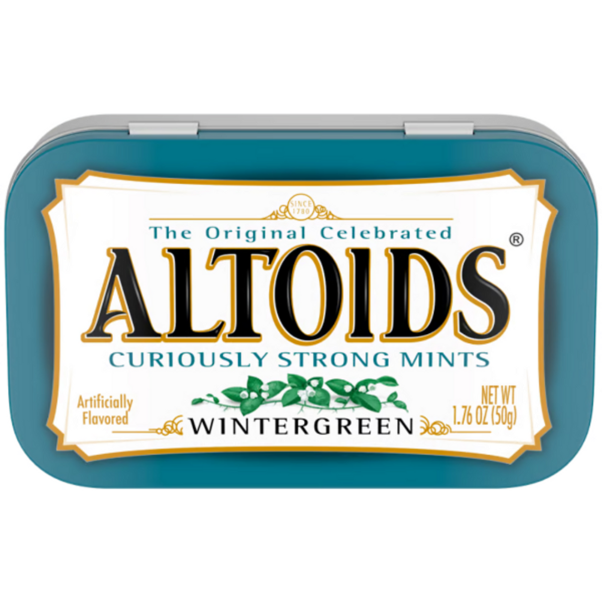 A case of Altoids Wintergreen mints, with each tin displaying the product name and the number of mints.