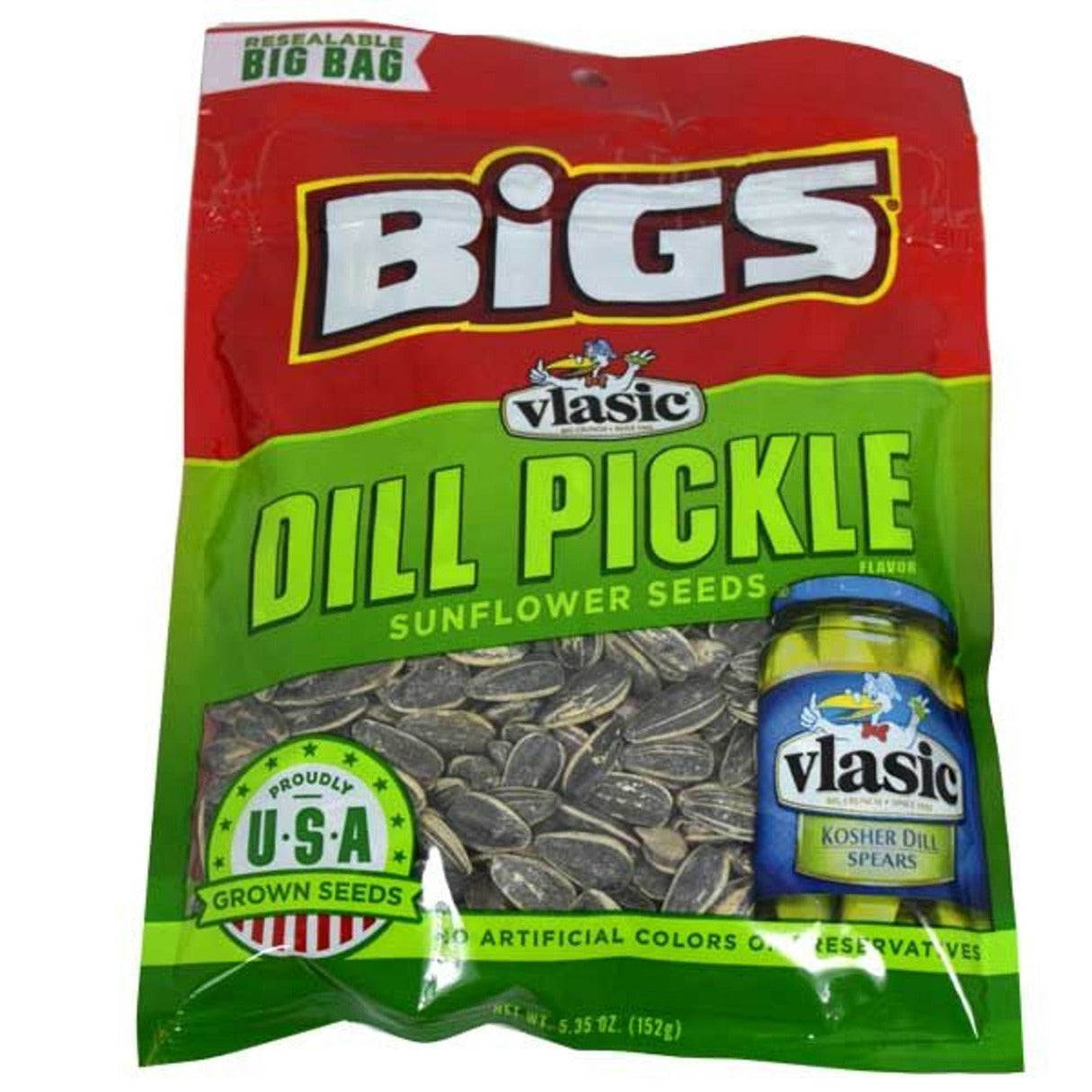 BIGS Vlasic Dill Pickle Sunflower Seeds resealable bag featuring premium USA-grown sunflower seeds seasoned with authentic Vlasic® Kosher Dill Pickle flavor.