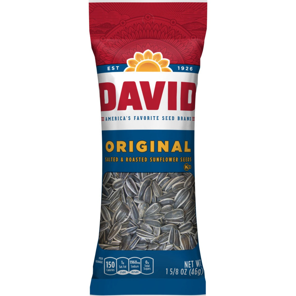 A package of David Original Sunflower Seeds, showing the seeds through a clear window and the brand's logo in red and blue packaging.