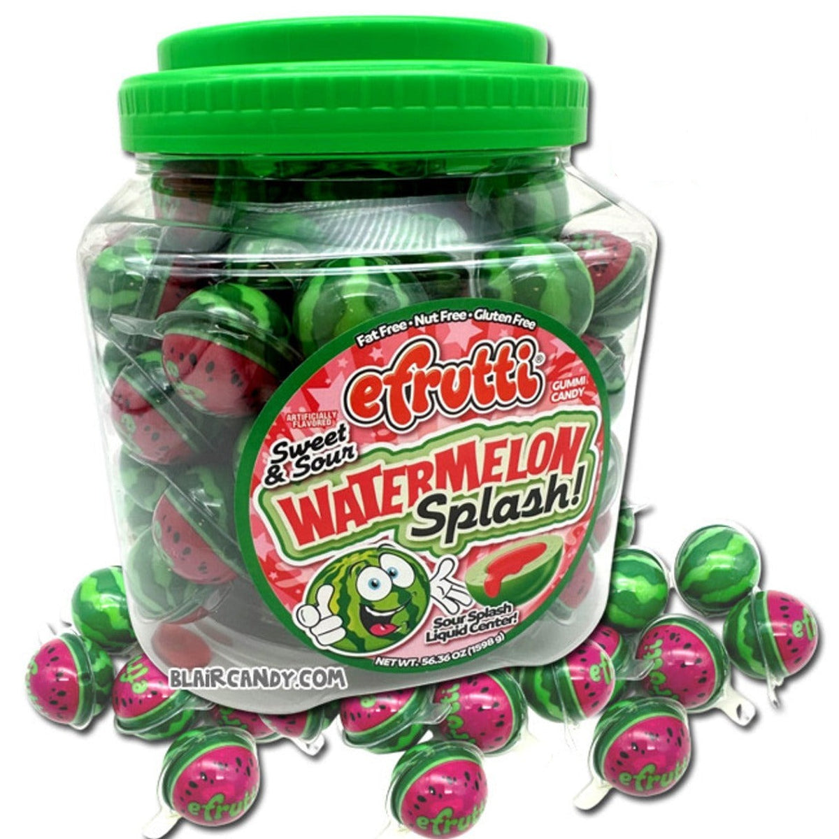 A clear plastic jar filled with Efrutti Watermelon Splash Candy, featuring watermelon-shaped gummy candies with a green and red appearance. The jar is sealed with a green lid and has a label with the product name and branding.