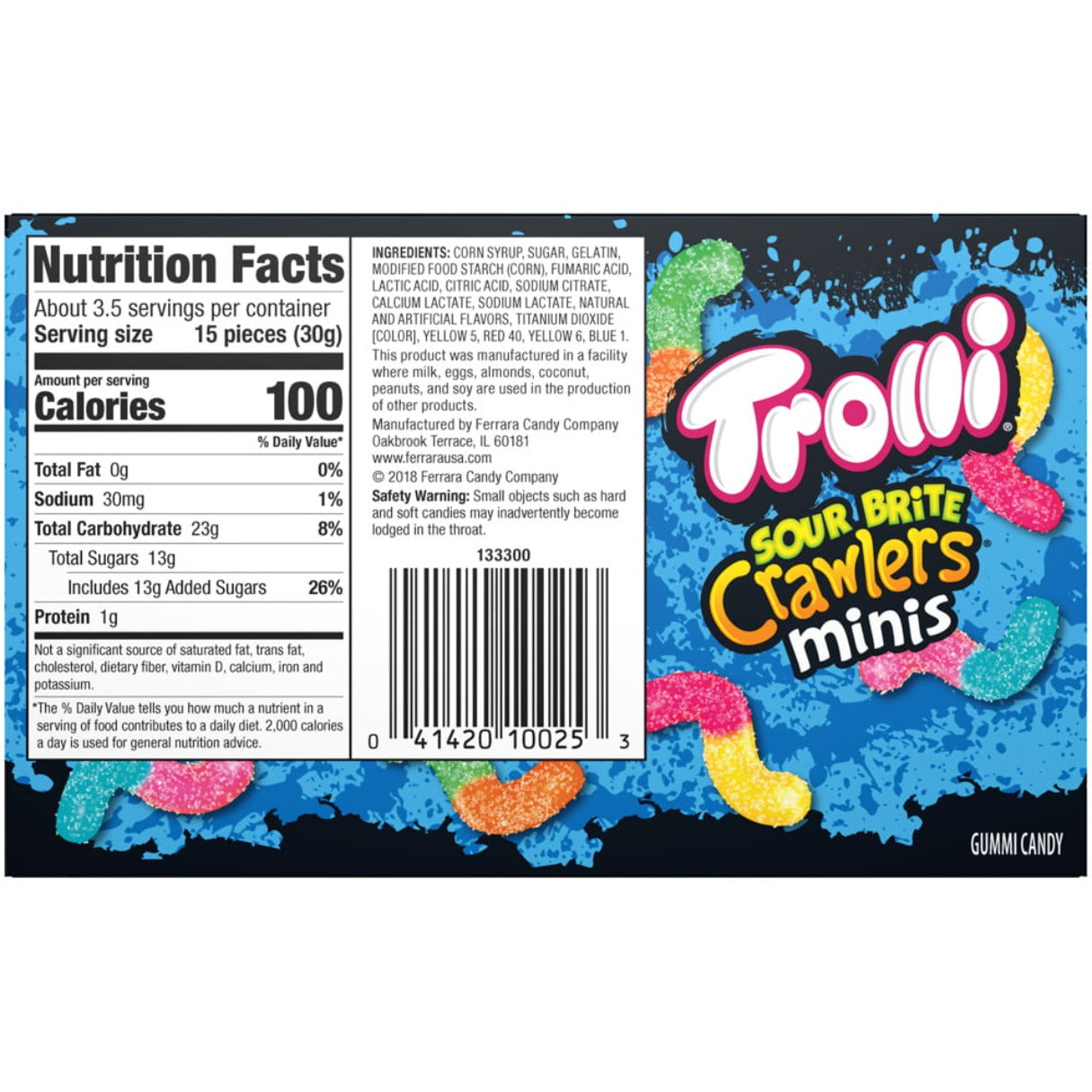 The back panel of a Trolli Sour Brite Crawlers Minis box, displaying the Nutrition Facts, ingredient list, allergen warning, manufacturer details, and barcode.