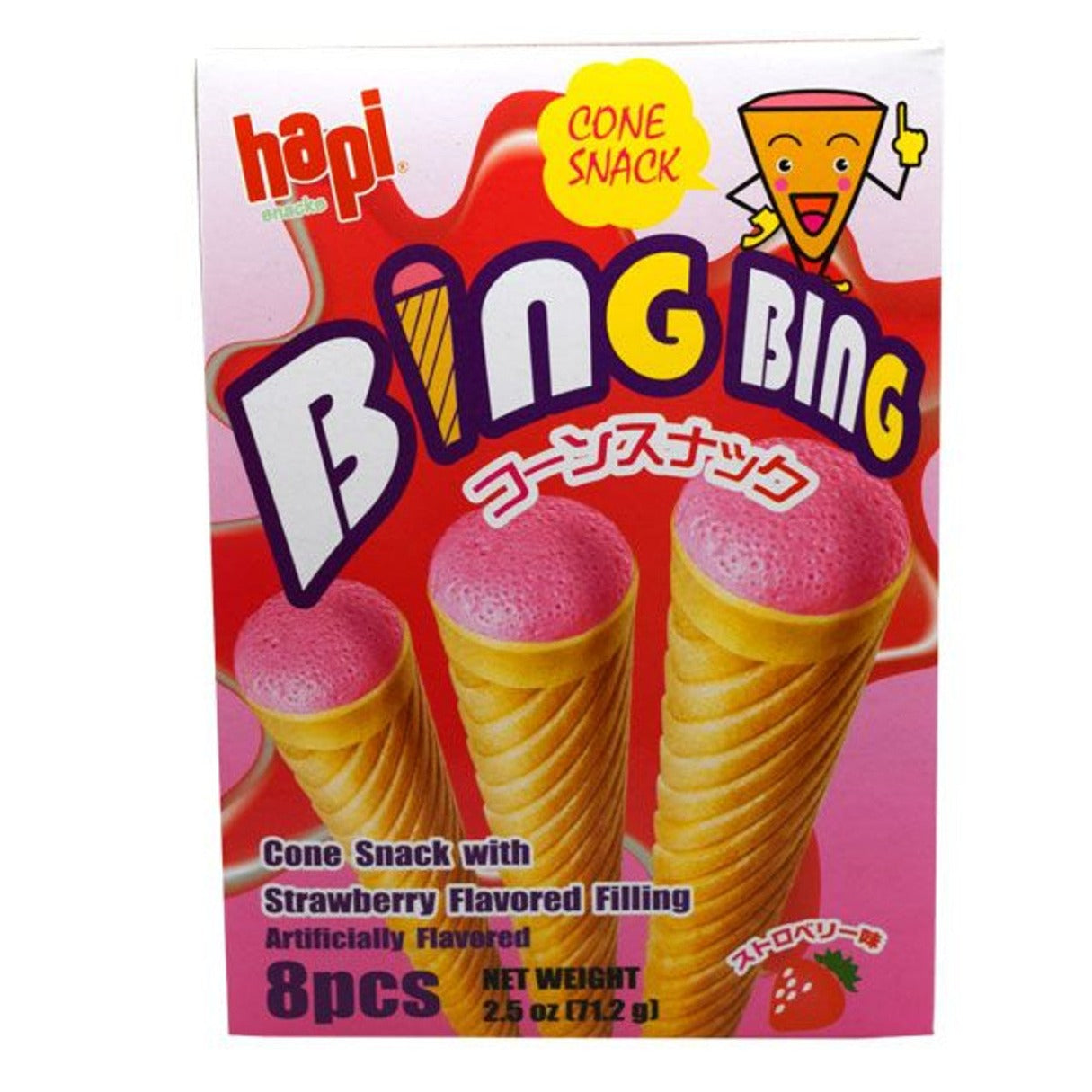 Hapi Bing Bing Strawberry Cones 2.5oz 15ct featuring crispy, crunchy wafer cones filled with rich strawberry-flavored filling, made in Korea.