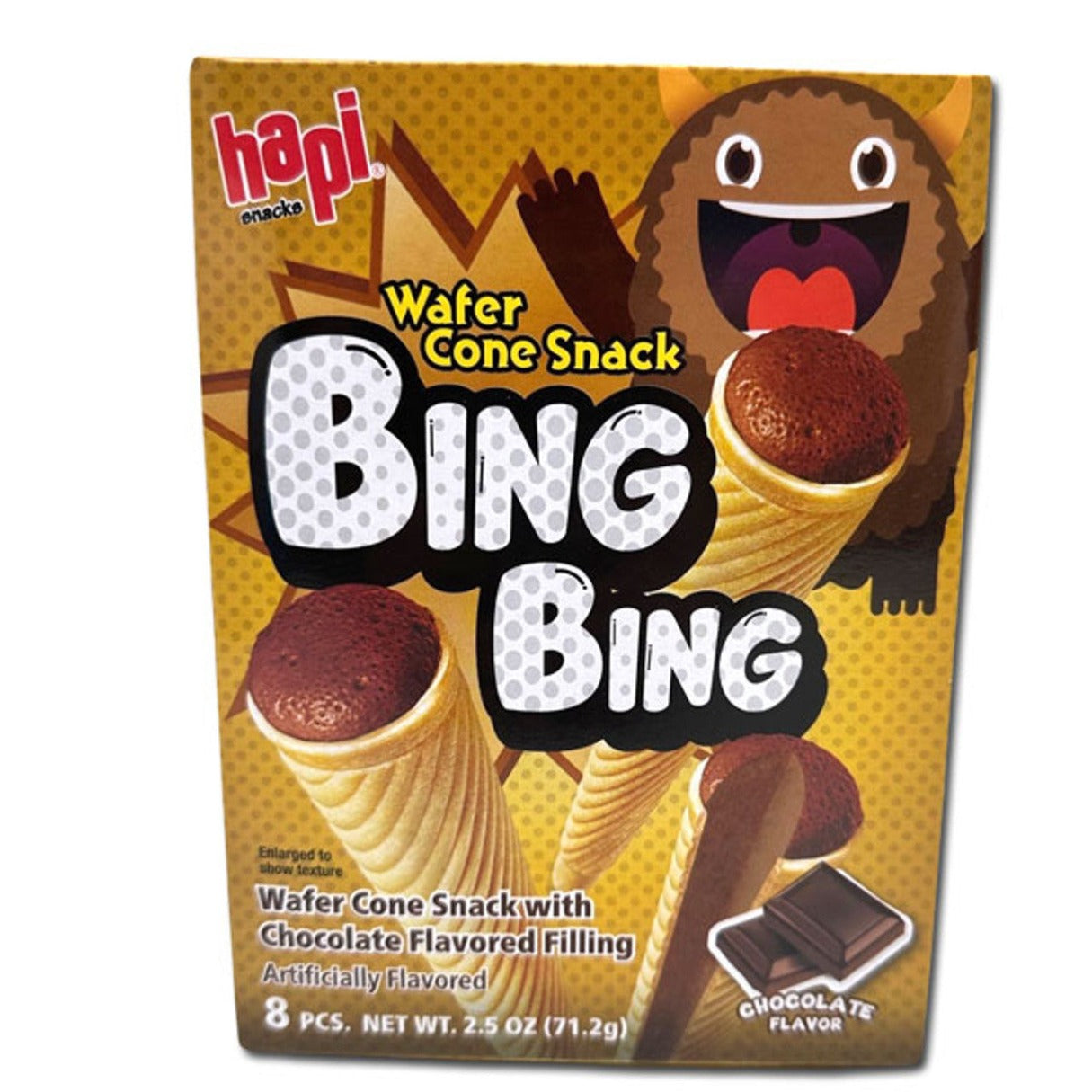 Hapi Bing Bing Chocolate Cones featuring crispy wafer cones filled with smooth chocolate-flavored filling, made in Korea and packaged as a crunchy Asian snack.