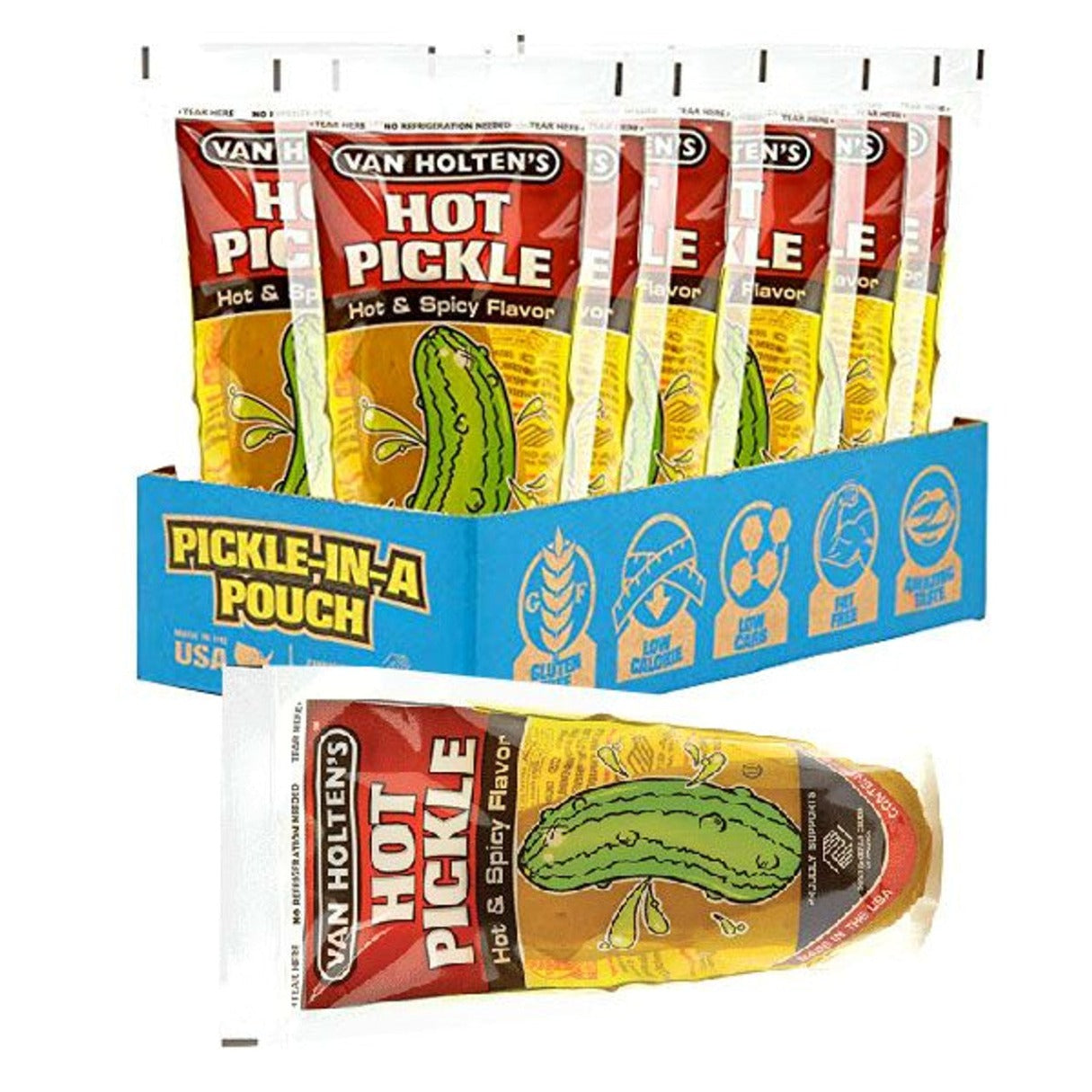 A box of Van Holten's Hot Pickle-in-a-Pouch packets, with individual packaging shown alongside and a pickle depicted in the center.