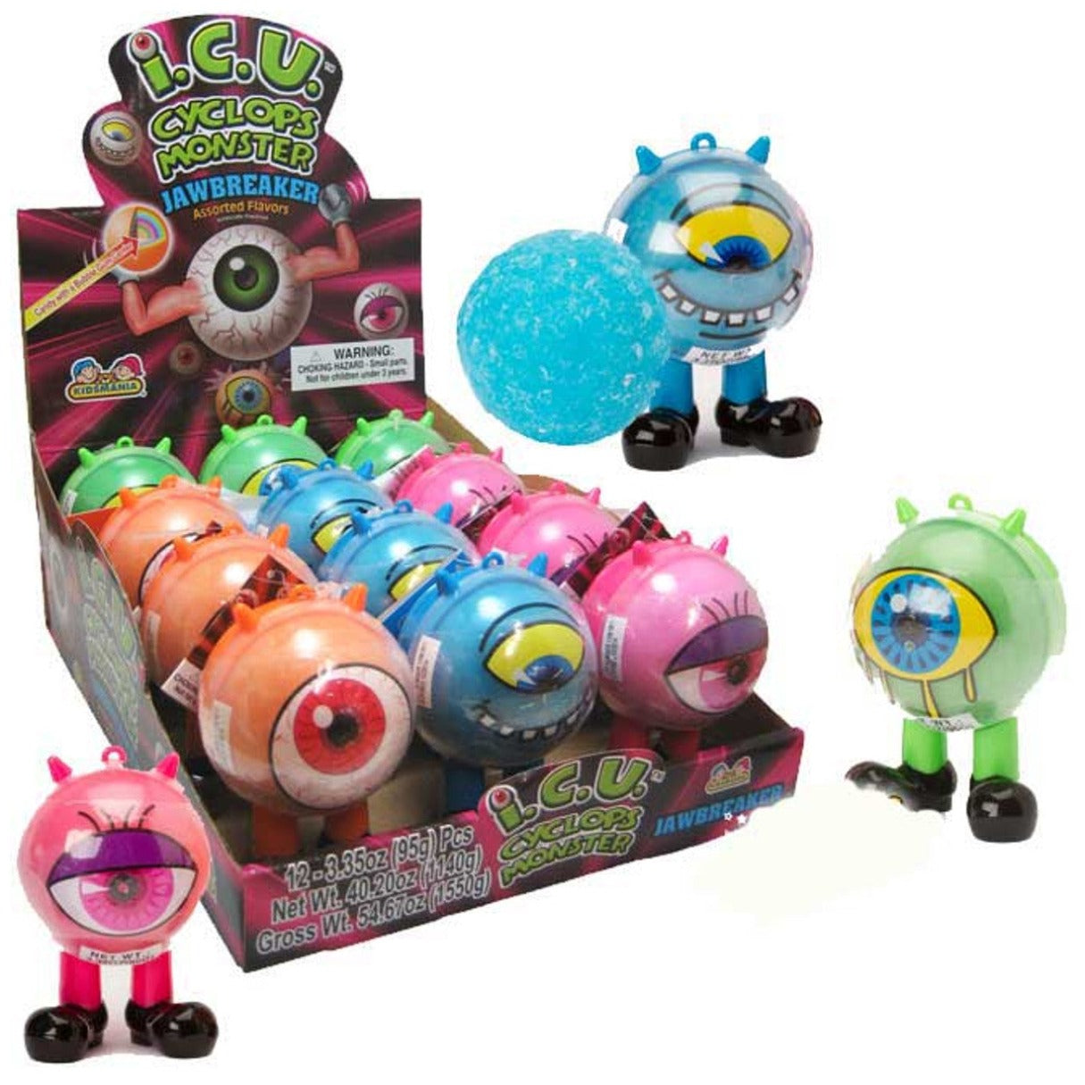 ICU Cyclops Monster Jawbreaker featuring colorful one-eyed monster novelty candy containers with giant fruit-flavored jawbreakers inside.