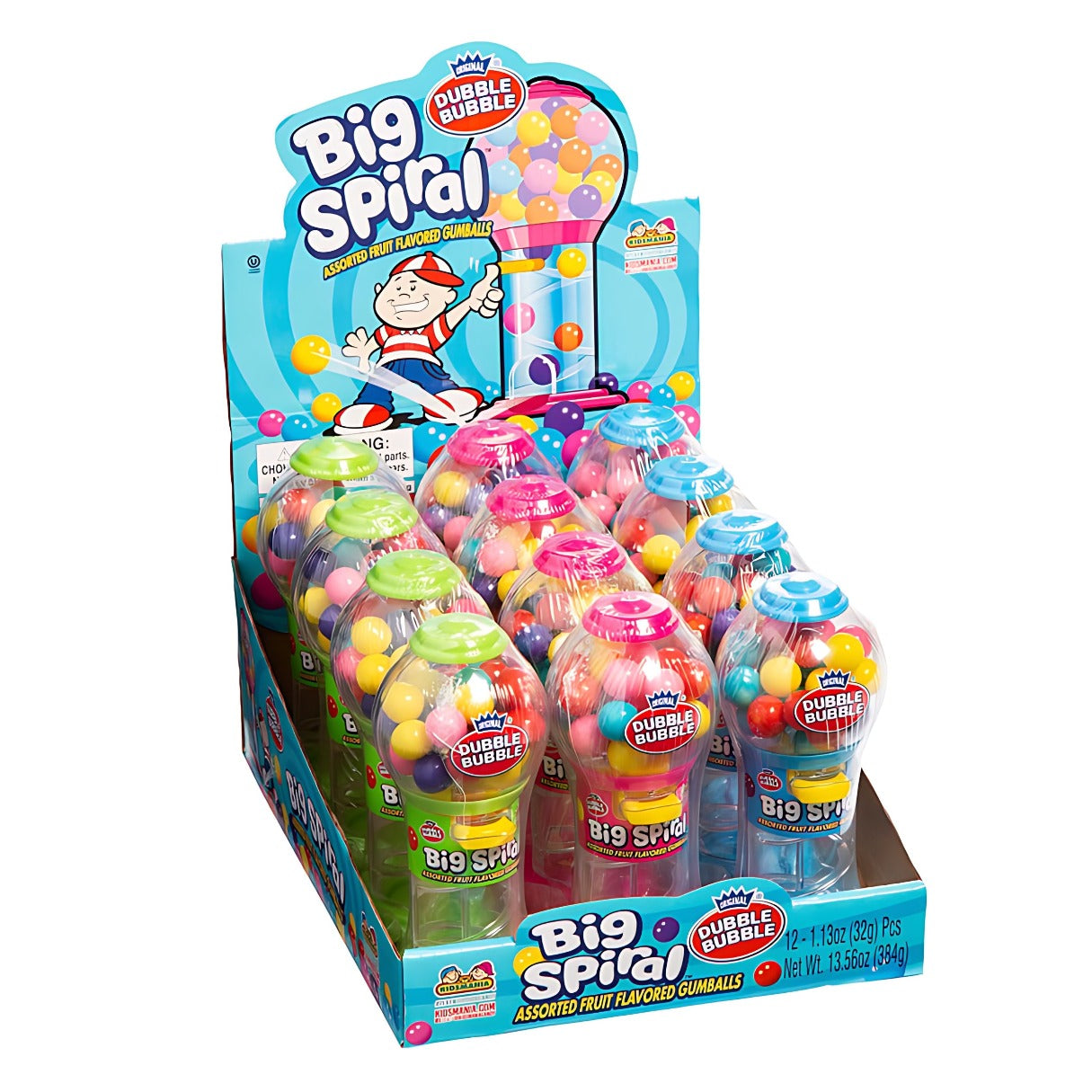 Big Spiral Bubble Gum Machines Dubble Bubble novelty mini gumball machine filled with assorted fruit-flavored gumballs in colorful reusable dispensers.