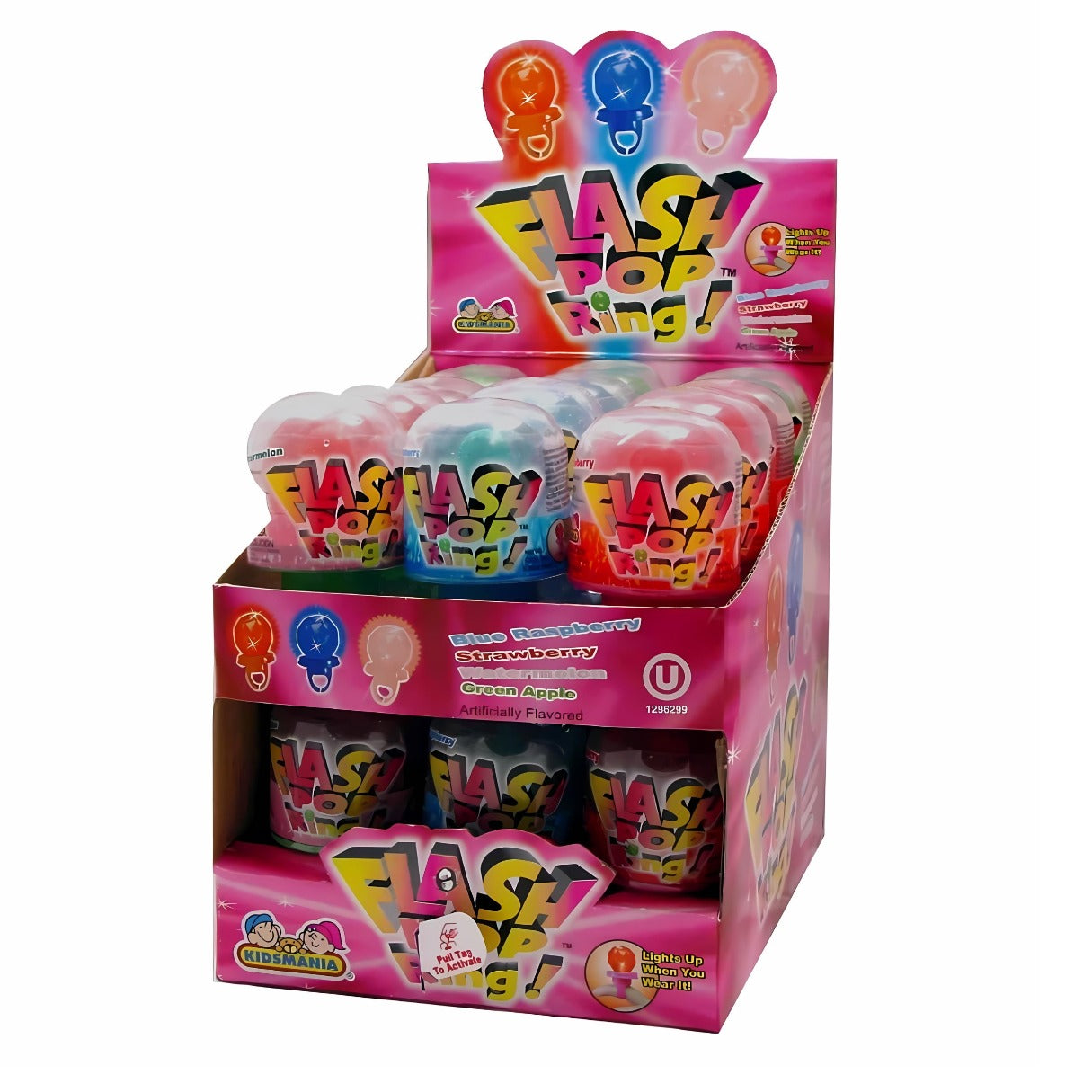 A box of Kidsmania Lite Up Ring Flash Pops with multiple packets visible, featuring colorful flashlight rings in blue, pink, green, and red.