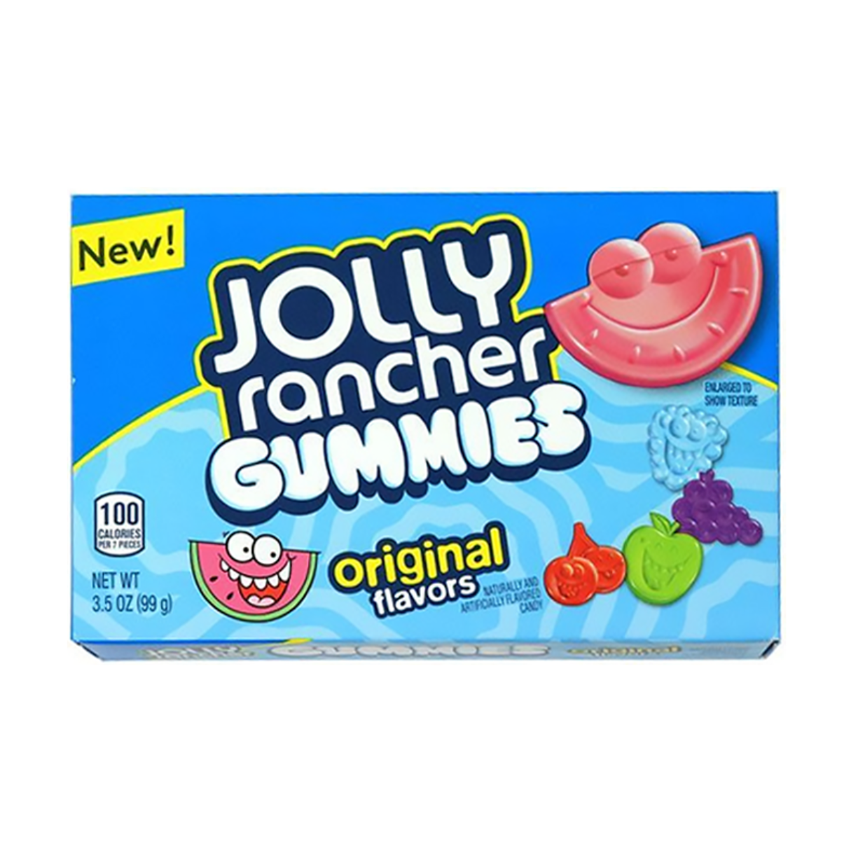 A theater box of Jolly Rancher Gummies featuring various flavored gummy candies such as green apple, blue raspberry, cherry, grape, and watermelon. The box indicates the flavors and mentions 'New!' and 'Original Flavors.