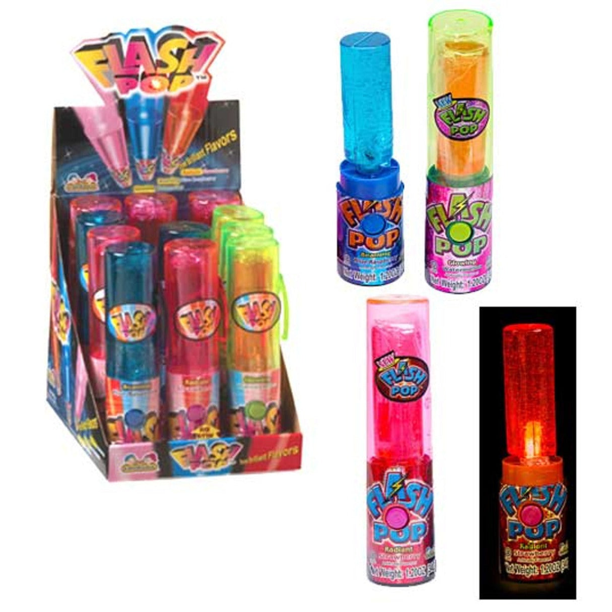 Flash Pops Candy featuring assorted fruity lollipops with tangy candy powder in colorful novelty packaging.