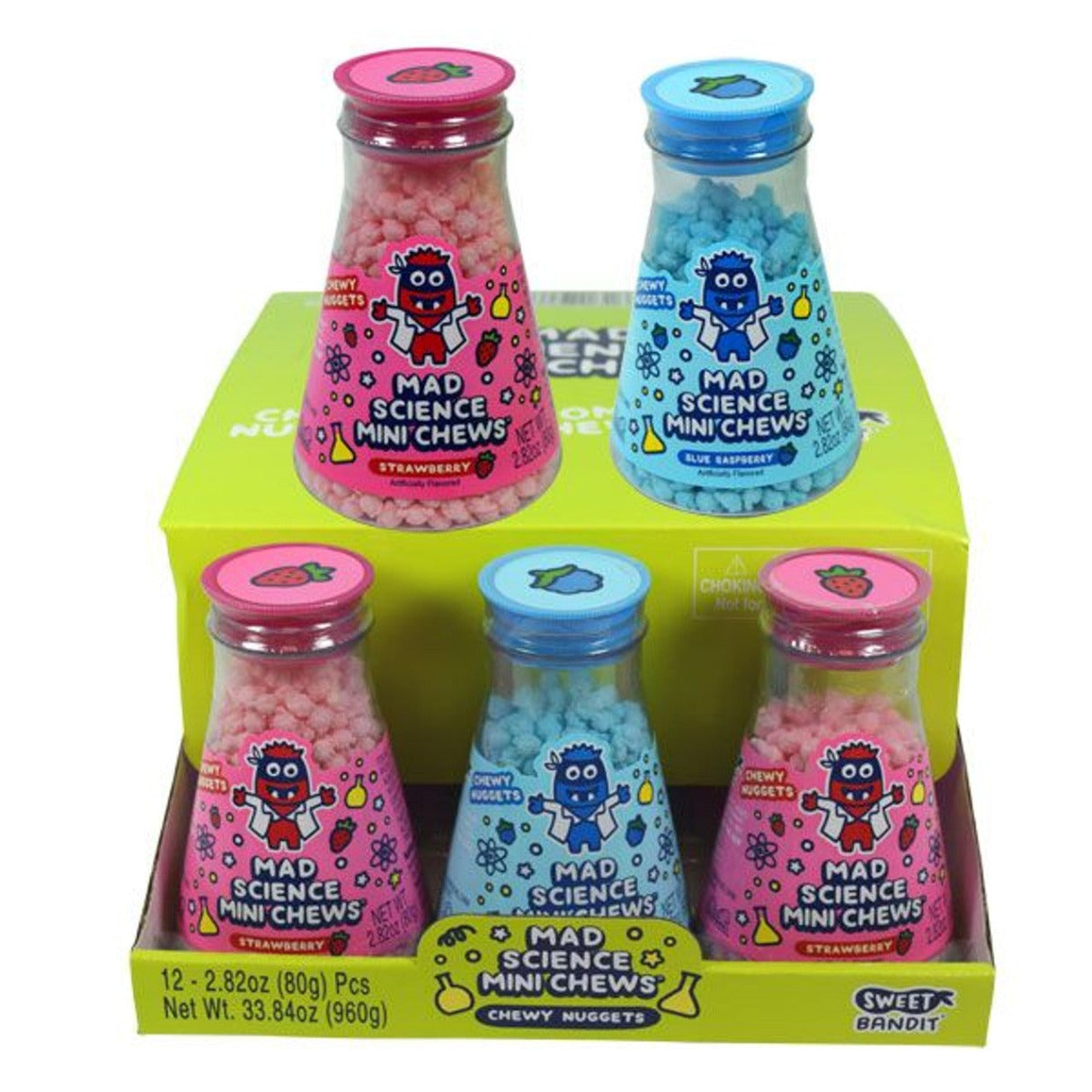 Mad Science Mini Chews Candy 2.82oz novelty science lab bottles filled with chewy fruit candy nuggets in Strawberry and Blue Raspberry flavors.