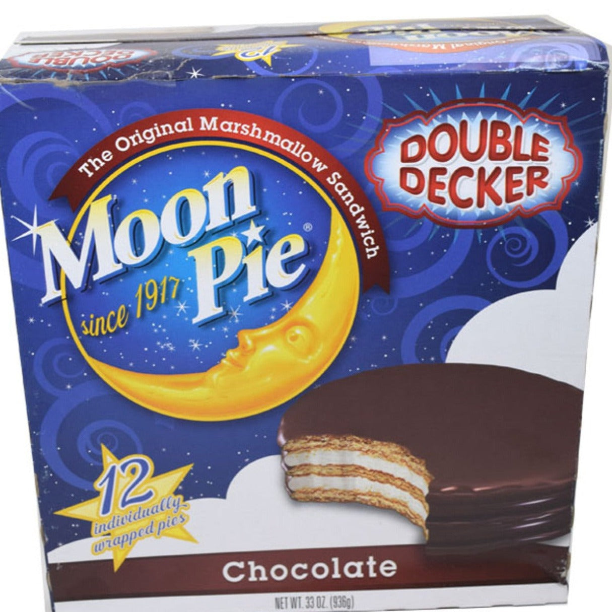 A box of Moon Pies Chocolate with a picture of a double decker sandwich on the front. The packaging is predominantly blue with stars and the product name prominently displayed.