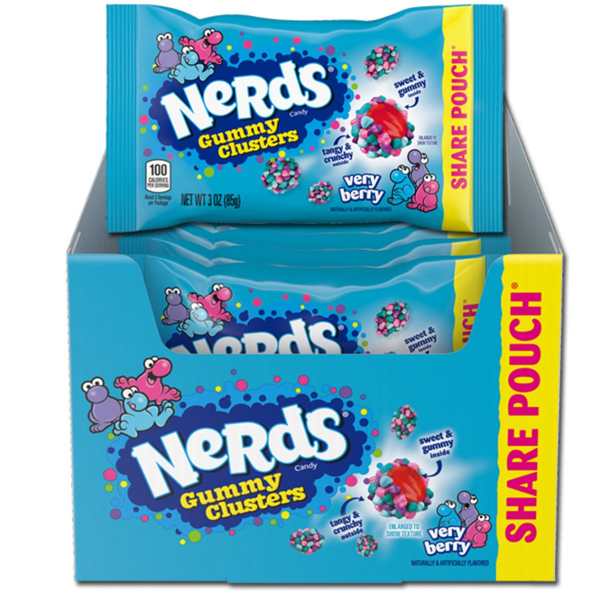 A box of Nerds Gummy Candy Clusters with 'Very Berry' flavor, featuring colorful packaging with cartoon characters and berry fruits.