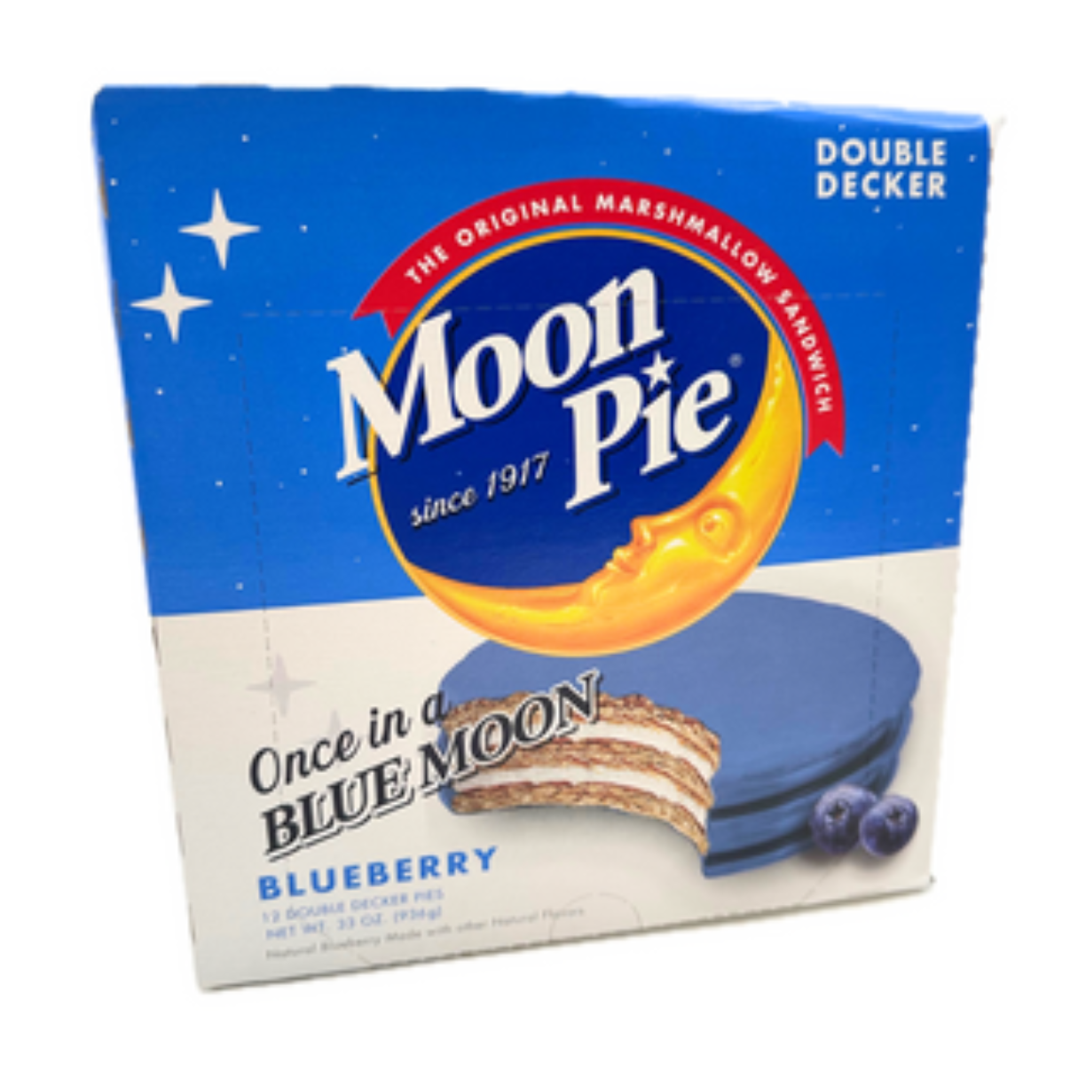 A box of Moon Pie Blueberry Minis, showing a blueberry-flavored pie.