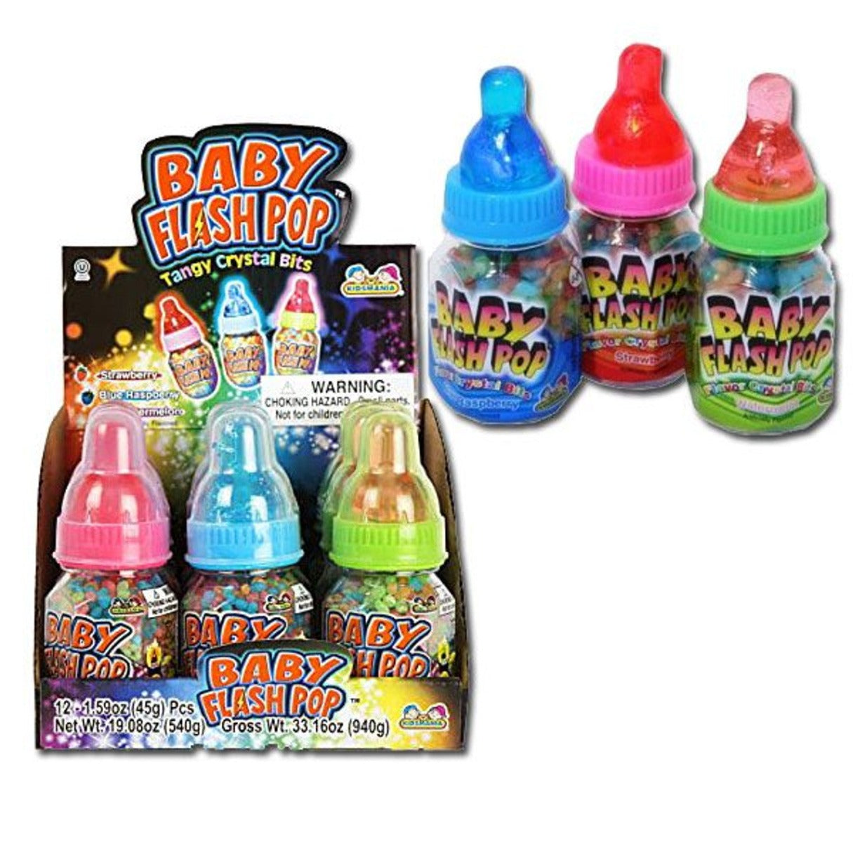 Baby Flash Pop Candy featuring colorful baby bottle-shaped novelty candy containers filled with tangy crystal candy bits in assorted strawberry, blue raspberry, and watermelon flavors.
