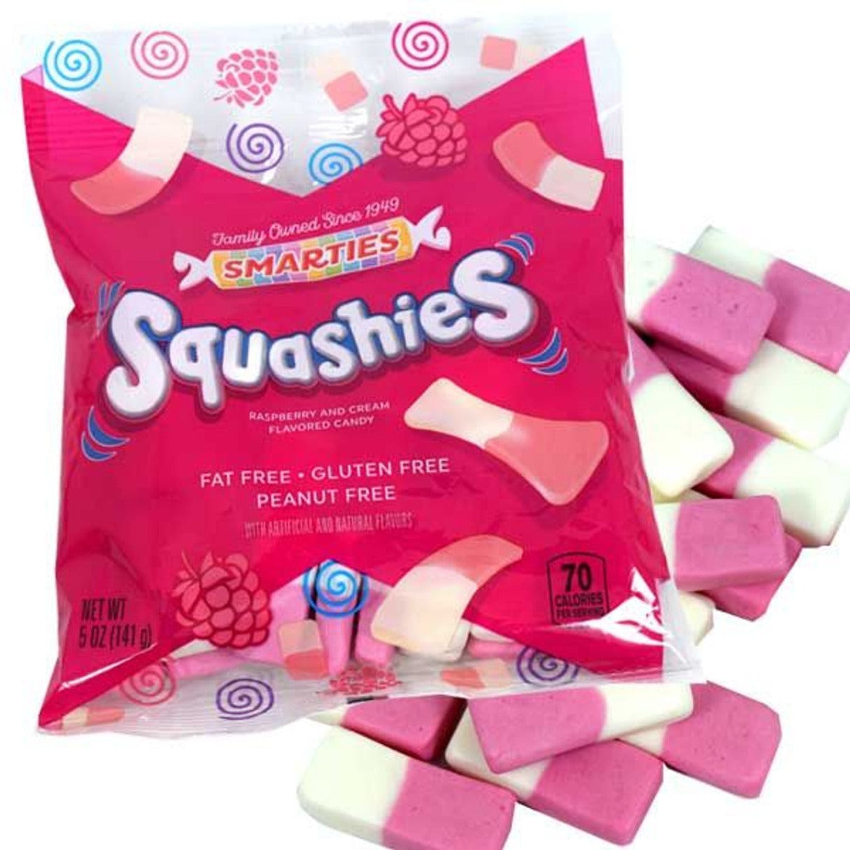 A bag of Smarties Squashies with pink and white marshmallows spilling out in front of the bag.