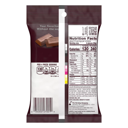 Hershey's Plain Chocolate Bar Sugar Free Bag  3oz - 12ct
