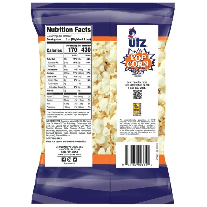 Utz White Cheddar Popcorn 2.5oz - 14ct