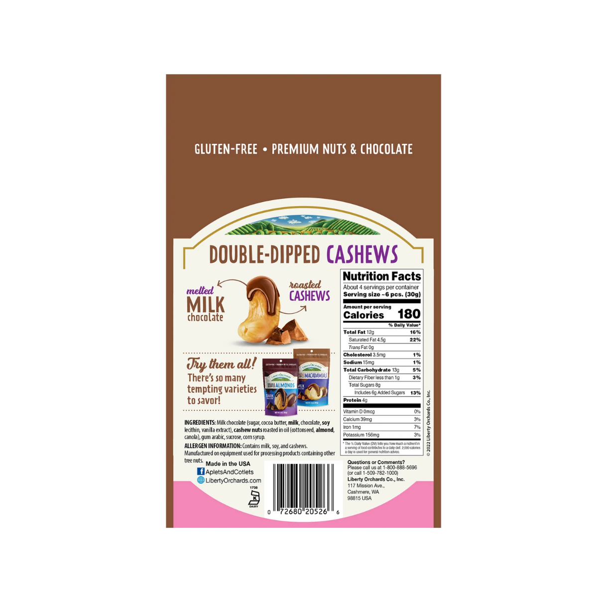Liberty Orchards Double-Dipped Milk Chocolate Cashews 4oz - 10ct