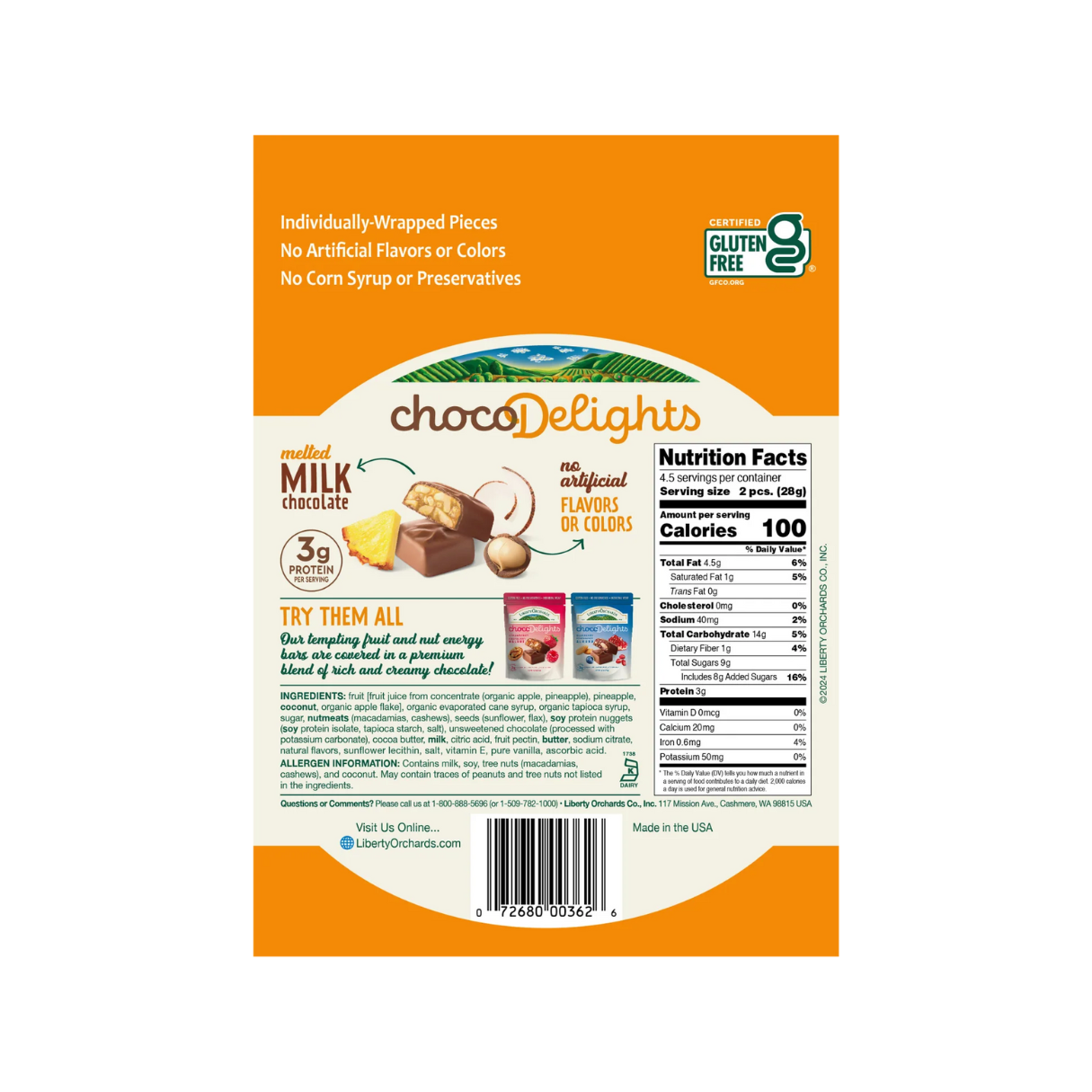 Liberty Orchards Choco Delights Pineapple Coconut & Macadamia Peg Bag 4.5oz - 9ct