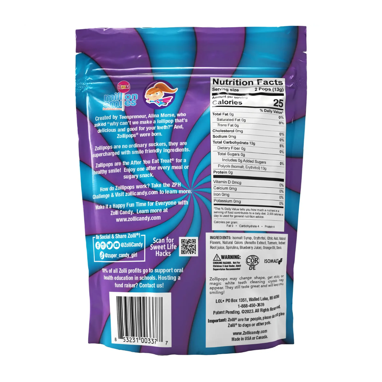 Zollipops Blue Raspberry & Grape Swirl  5.2 oz - 24ct