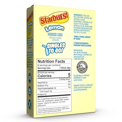 Starburst Singles To Go Zero Sugar Drink Mix, Lemon 0.60oz - 12ct