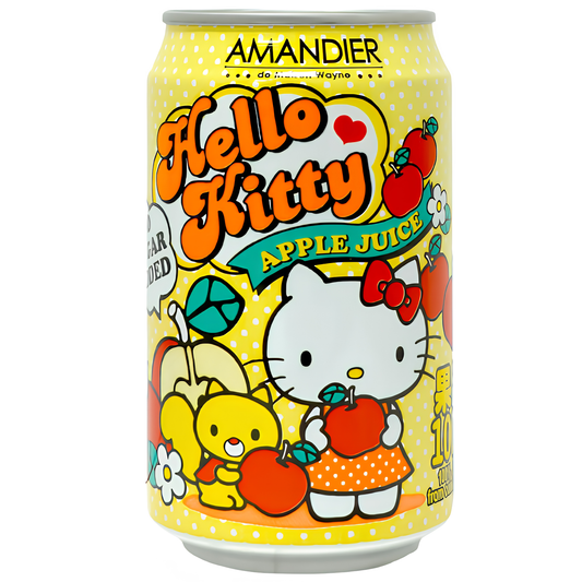 A bright yellow polka-dot can of Amandier Hello Kitty Apple Juice. The center features Hello Kitty holding a red apple next to a small yellow squirrel holding another apple. Large retro orange text at the top reads "Hello Kitty," accompanied by a green ribbon labeled "Apple Juice" and illustrations of red apples.