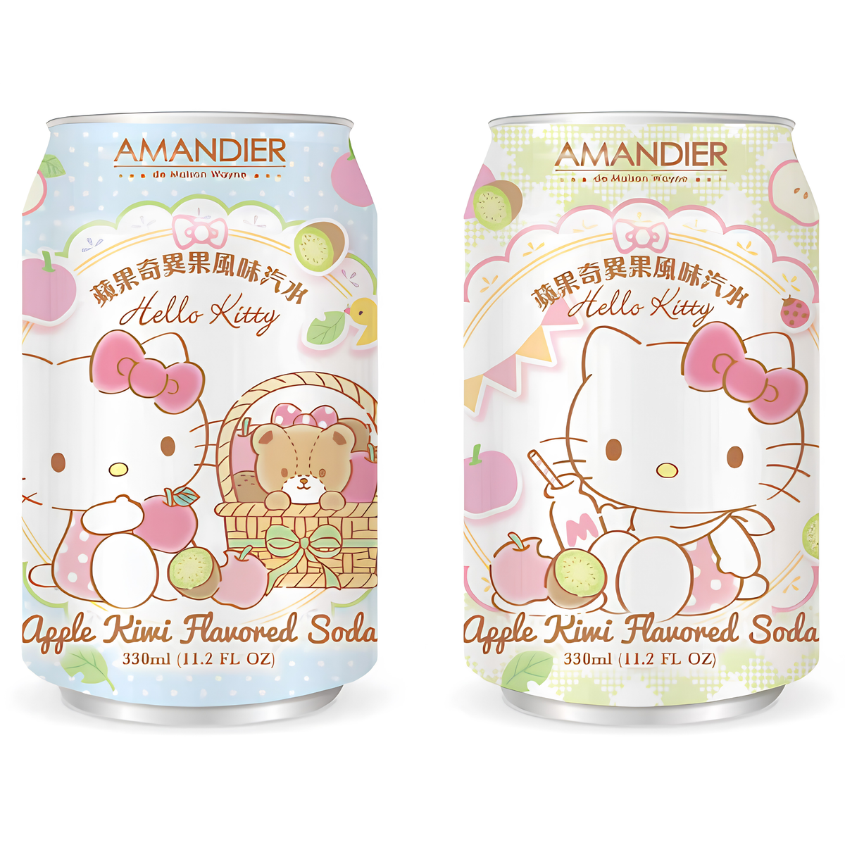 Two Amandier Hello Kitty Apple Kiwi Flavored Soda cans displayed side-by-side. The light blue can on the left shows Hello Kitty sitting beside a teddy bear inside a picnic basket. The light green can on the right shows Hello Kitty sitting next to a milk bottle and sliced fruit. Both cans are decorated with apples, kiwi slices, and polka-dot patterns.