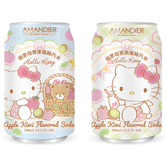 Two Amandier Hello Kitty Apple Kiwi Flavored Soda cans displayed side-by-side. The light blue can on the left shows Hello Kitty sitting beside a teddy bear inside a picnic basket. The light green can on the right shows Hello Kitty sitting next to a milk bottle and sliced fruit. Both cans are decorated with apples, kiwi slices, and polka-dot patterns.