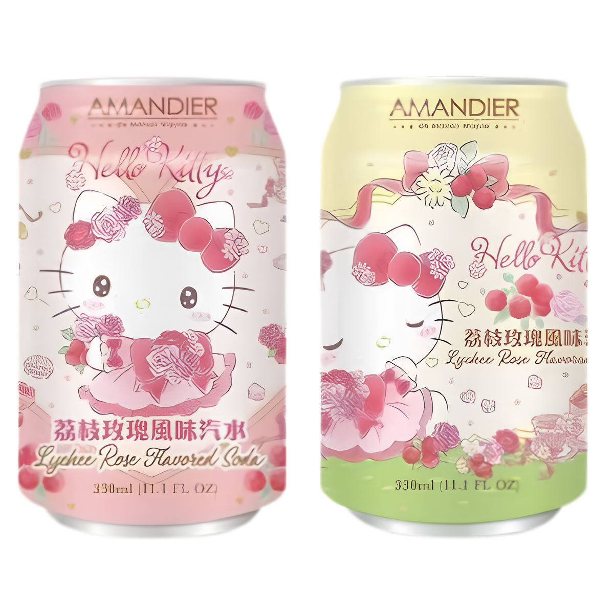 Two Sanrio-themed Amandier soda cans featured side-by-side. The light pink can on the left and the pale yellow/green can on the right both feature illustrations of Hello Kitty dressed in an elegant pink ruffled dress adorned with roses and wearing a floral crown with her signature bow. Both cans are labeled "Hello Kitty" and "Lychee Rose Flavored Soda" in English and Chinese, decorated with floral and lychee graphics.