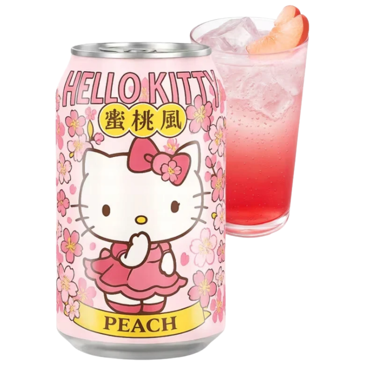 A Hello Kitty Peach-flavored beverage can shown next to a pink drink in a clear glass with ice and a peach slice garnish, on a white background.