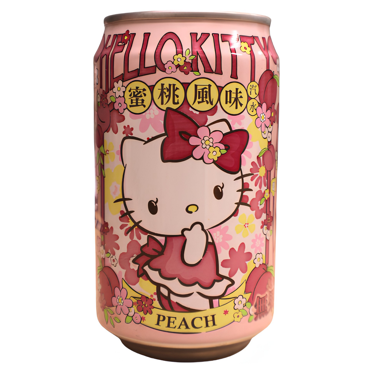 A Hello Kitty peach-flavored beverage can with a pink background, featuring the Hello Kitty character, a red bow, and peach illustrations on a clean white background.