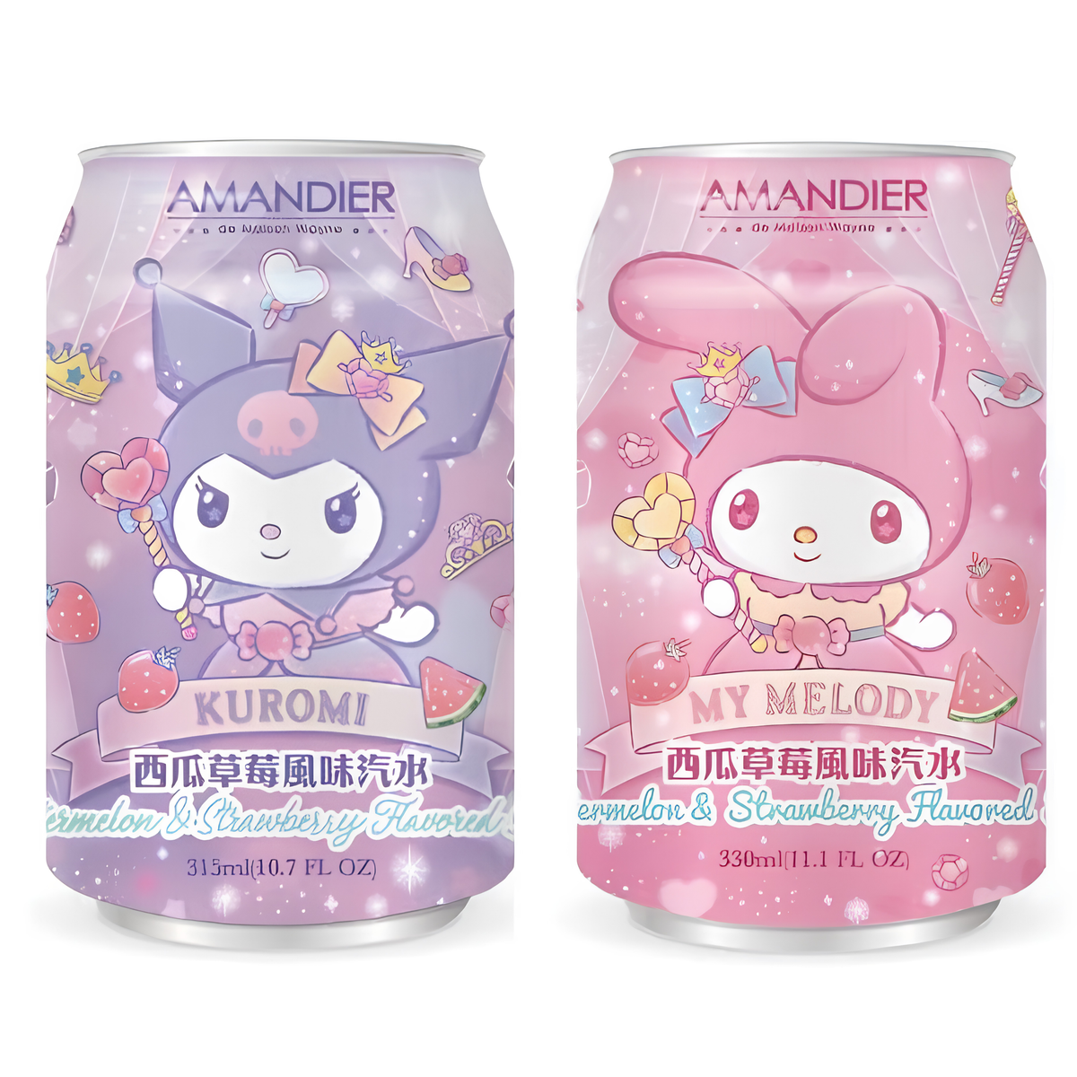 Two Sanrio-themed Amandier soda cans displayed side-by-side. The purple can on the left features Kuromi holding a magical heart wand and labeled with her name. The pink can on the right features My Melody holding a heart wand and labeled with her name. Both cans are decorated with strawberries, watermelon slices, crowns, and sparkle graphics, and indicate they are "Watermelon & Strawberry Flavored" in English and Chinese.