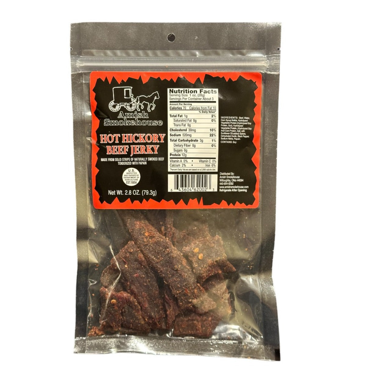 Amish Smokehouse Beef Jerky Hot Hickory 2.8oz - 12ct