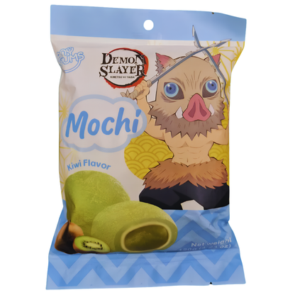 Demon Slayer Mochi Kiwi Flavor candy in a blue and white bag with an illustration of Inosuke Hashibira wearing his iconic boar head mask and wielding his dual serrated swords and a kiwi mochi piece shown at the bottom.