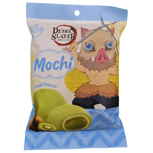 Demon Slayer Mochi Kiwi Flavor candy in a blue and white bag with an illustration of Inosuke Hashibira wearing his iconic boar head mask and wielding his dual serrated swords and a kiwi mochi piece shown at the bottom.