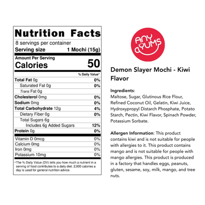 A nutrition facts label for Demon Slayer Mochi - Kiwi Flavor next to a red circular logo that reads 'any dum' and product details including ingredients and allergen information.