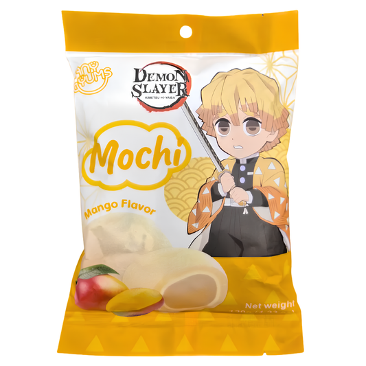 Demon Slayer Mochi Candy in Mango Flavor, packaged in a yellow and white bag featuring Zenitsu Agatsuma holding his katana.