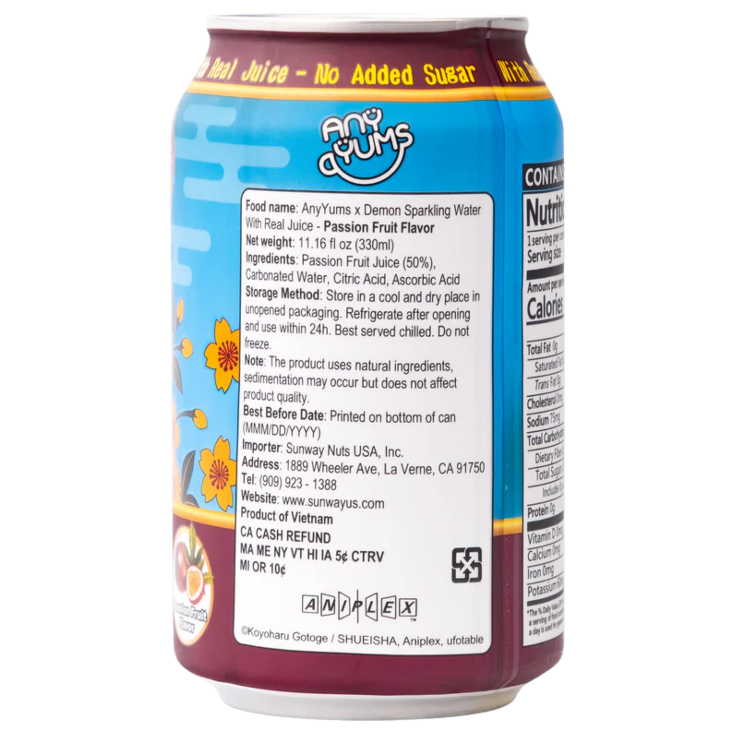 AnyYums Demon Slayer Passion Fruit Sparkling Water 11.16oz 24ct