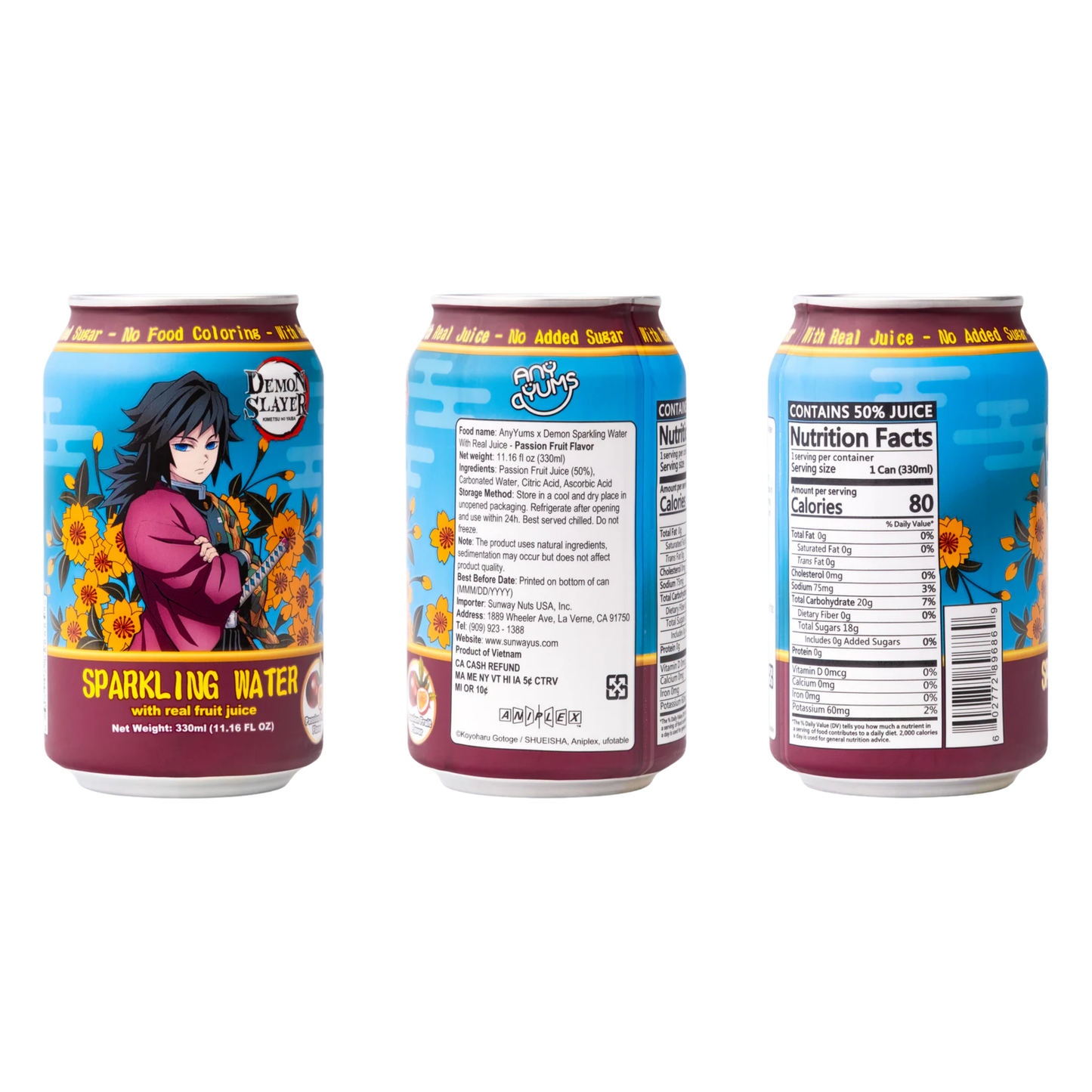 AnyYums Demon Slayer Passion Fruit Sparkling Water 11.16oz 24ct