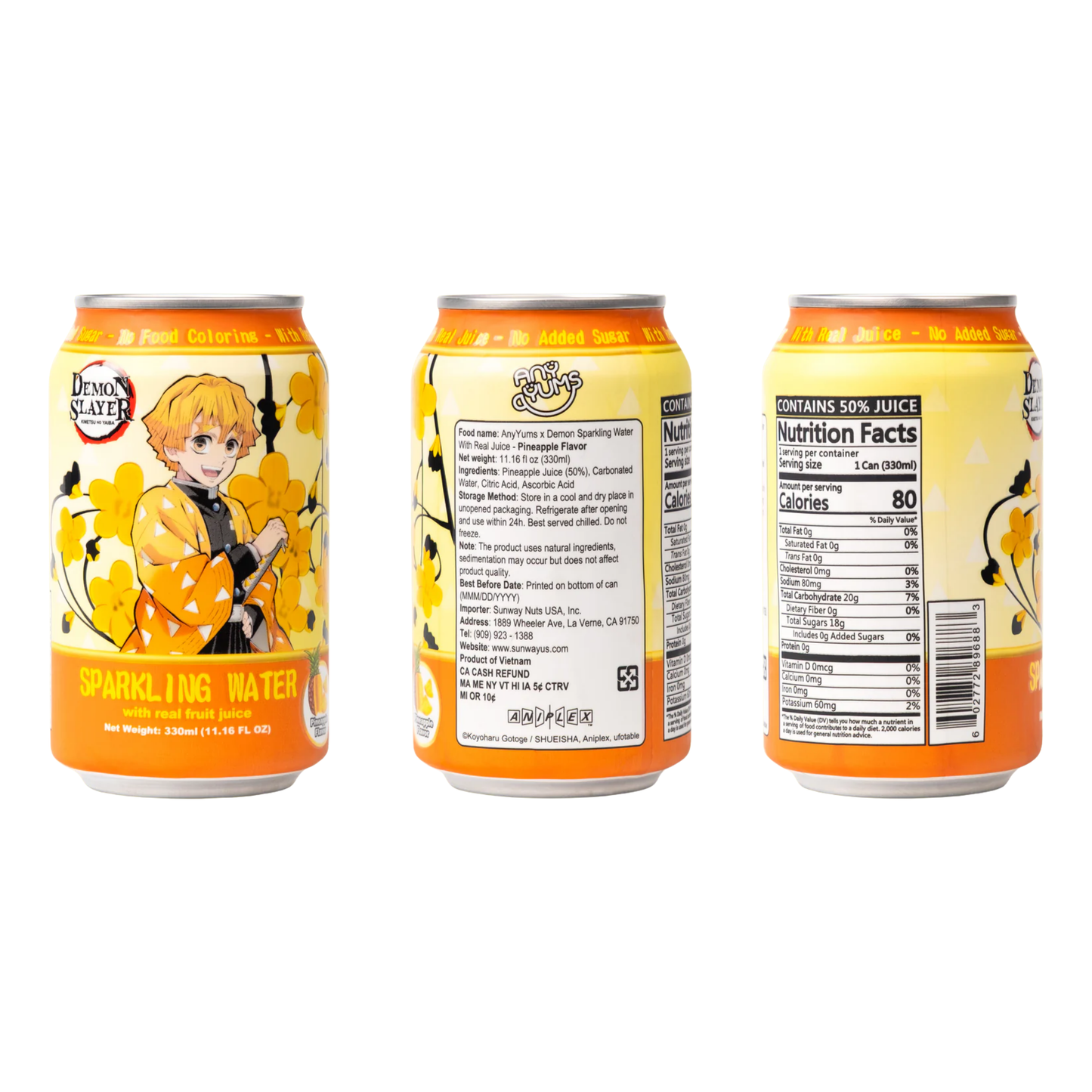 AnyYums Demon Slayer Pineapple Sparkling Water 11.16oz 24ct