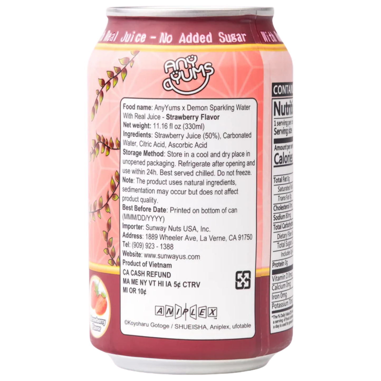 AnyYums Demon Slayer Strawberry Sparkling Water 11.16oz 24ct