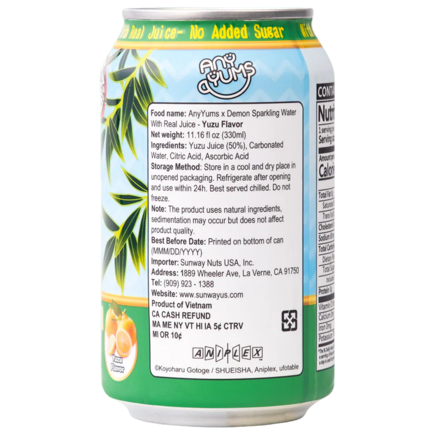 AnyYums Demon Slayer Yuzu Sparkling Water 11.16oz 24ct