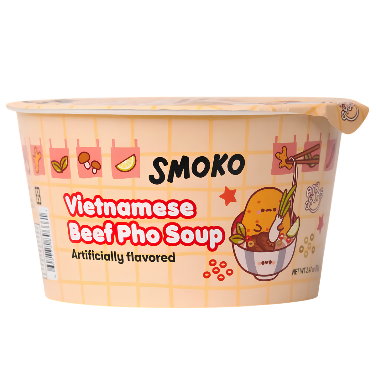 A SMOKO brand Vietnamese Beef Pho Soup cup, featuring a light peach-colored plastic container with a grid pattern, cartoon illustrations, and bold red and black text.