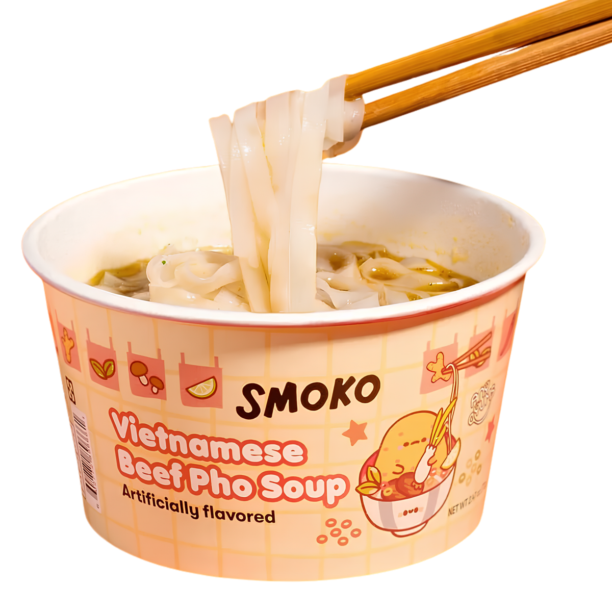 Smoko Vietnamese Beef Pho Soup cup, featuring a cartoon-style design, with noodles lifted by chopsticks above the prepared beef pho soup.