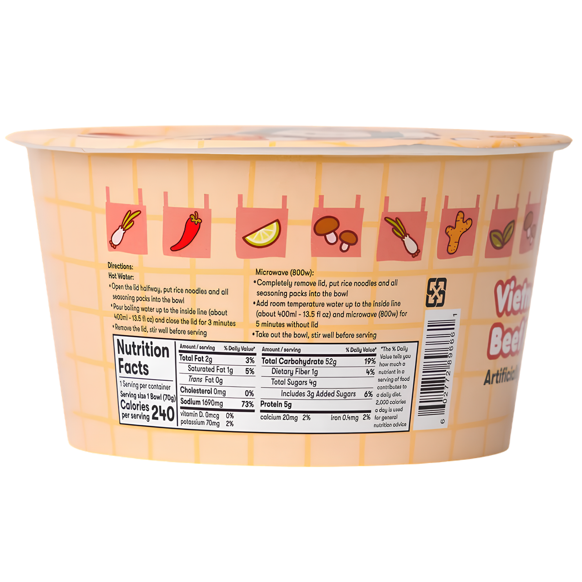 A SMOKO brand Vietnamese Beef Pho Soup cup shown from the back, displaying the printed instructions, nutrition facts, and a barcode on a white background.