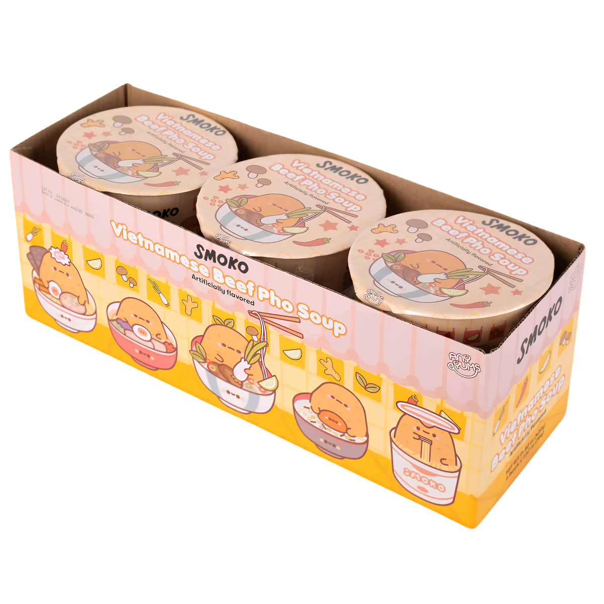 Smoko Vietnamese Beef Pho Soup cups in a case, featuring three visible instant soup cups in a colorful pink, yellow, and orange display carton. The packaging showcases cute cartoon characters enjoying pho, illustrated ingredients, and Vietnamese Beef Pho Soup branding.