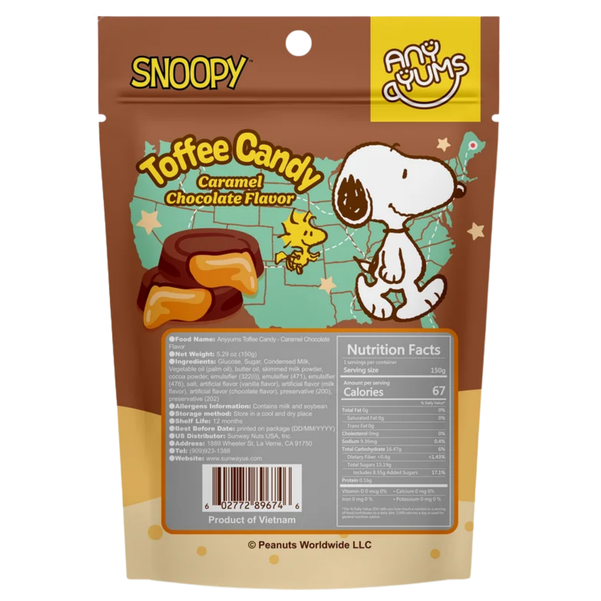 AnyYums Snoopy Toffee Candy Caramel Chocolate Flavor 5.29oz 40ct