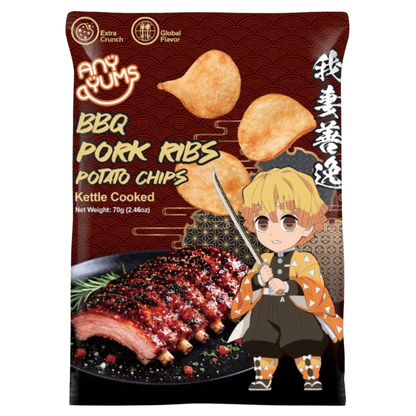 A 70g bag of Any Yums BBQ Pork Ribs Potato Chips, featuring a dark brown and red design with illustrations of three golden potato chips, a glazed pork rib dish, and Zenitsu Agatsuma holding his katana.