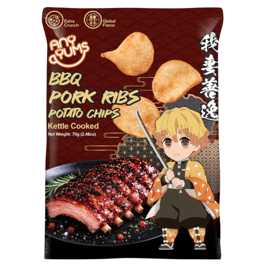 A 70g bag of Any Yums BBQ Pork Ribs Potato Chips, featuring a dark brown and red design with illustrations of three golden potato chips, a glazed pork rib dish, and Zenitsu Agatsuma holding his katana.