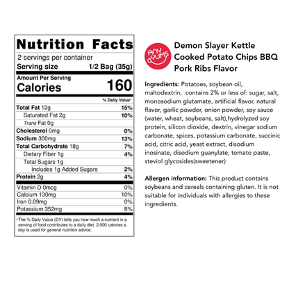 A product information showing a Nutrition Facts label and ingredient list for Demon Slayer Kettle Cooked Potato Chips BBQ Pork Ribs Flavor. The left side contains a nutrition facts.